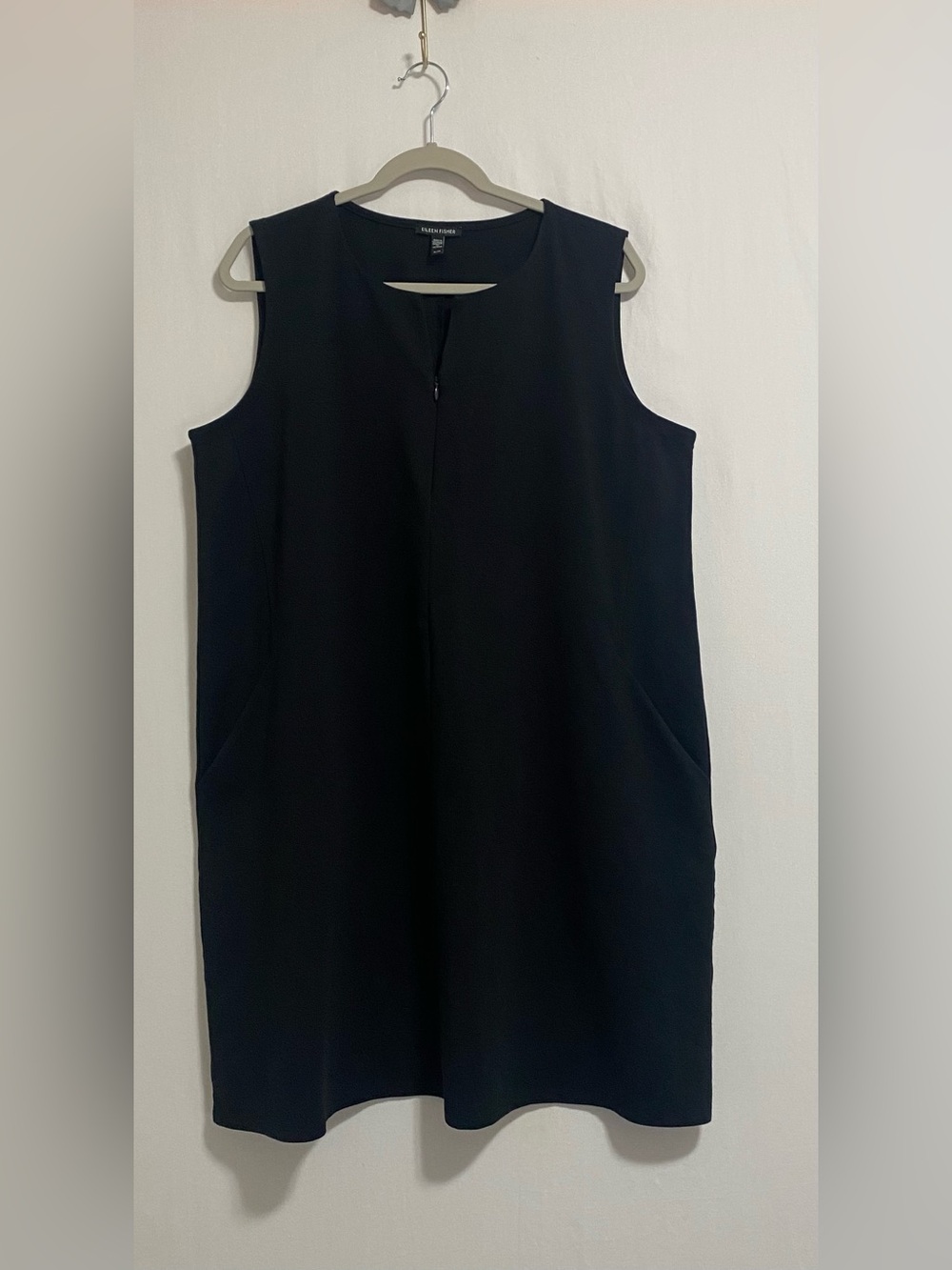 Eileen Fisher Black Sleeveless Midi Shift Dress with Pockets